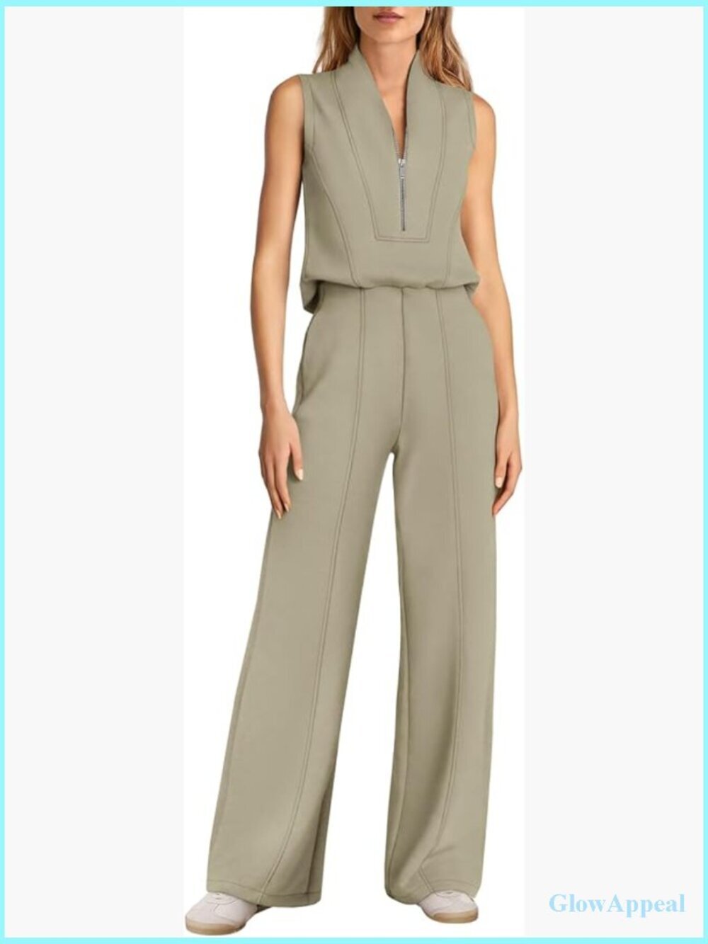 Sleeveless Wide Leg Jumpsuit V Neck Zip Up Dressy Travel Outfit